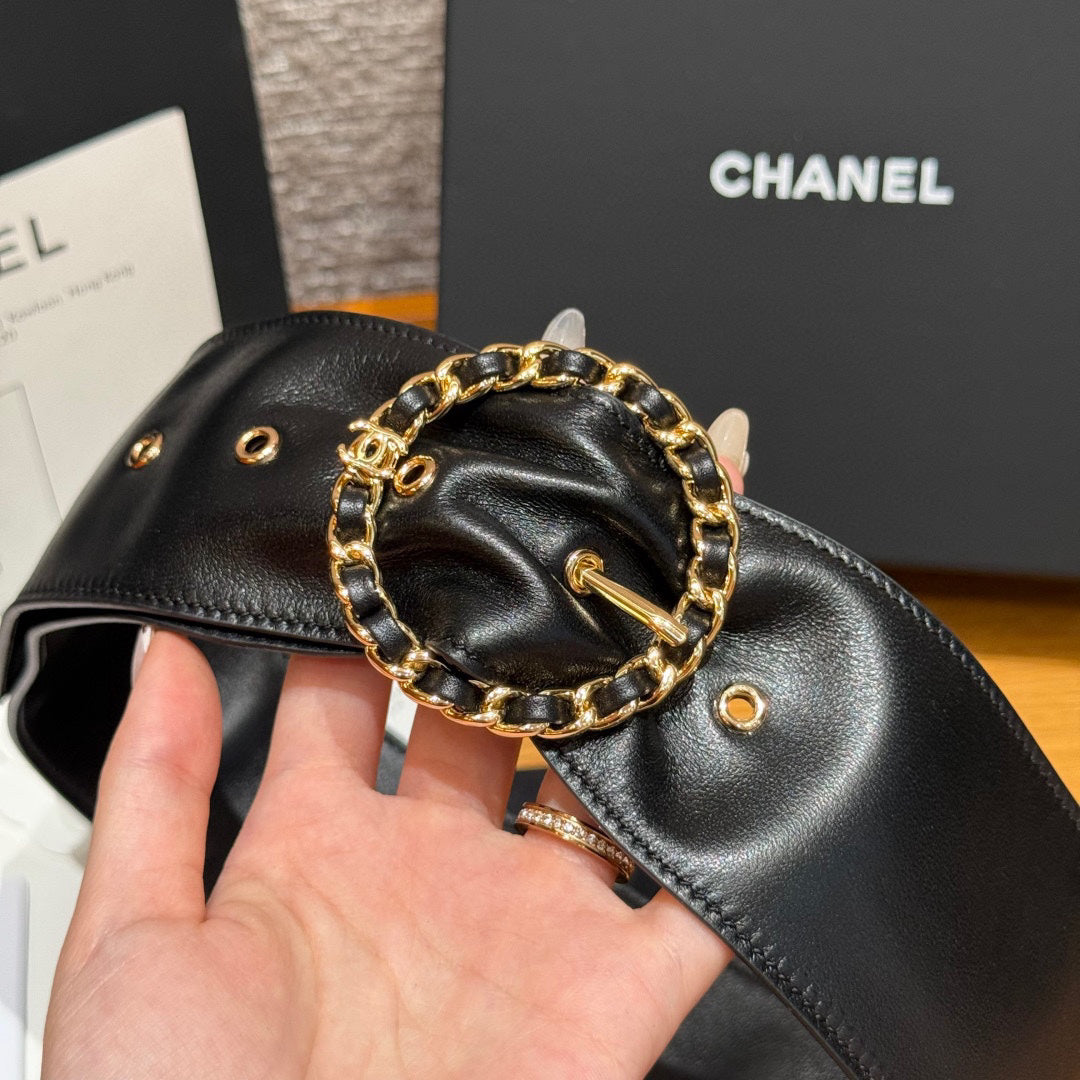 Wide Leather Women's Belt with Gold Chain-Link Buckle